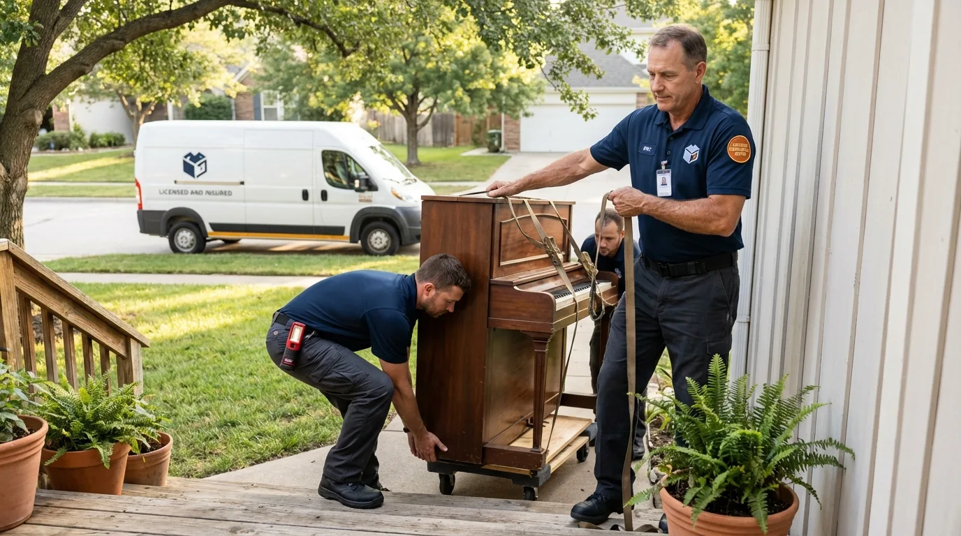 Licensed piano movers securing grand piano in Fremont, OH