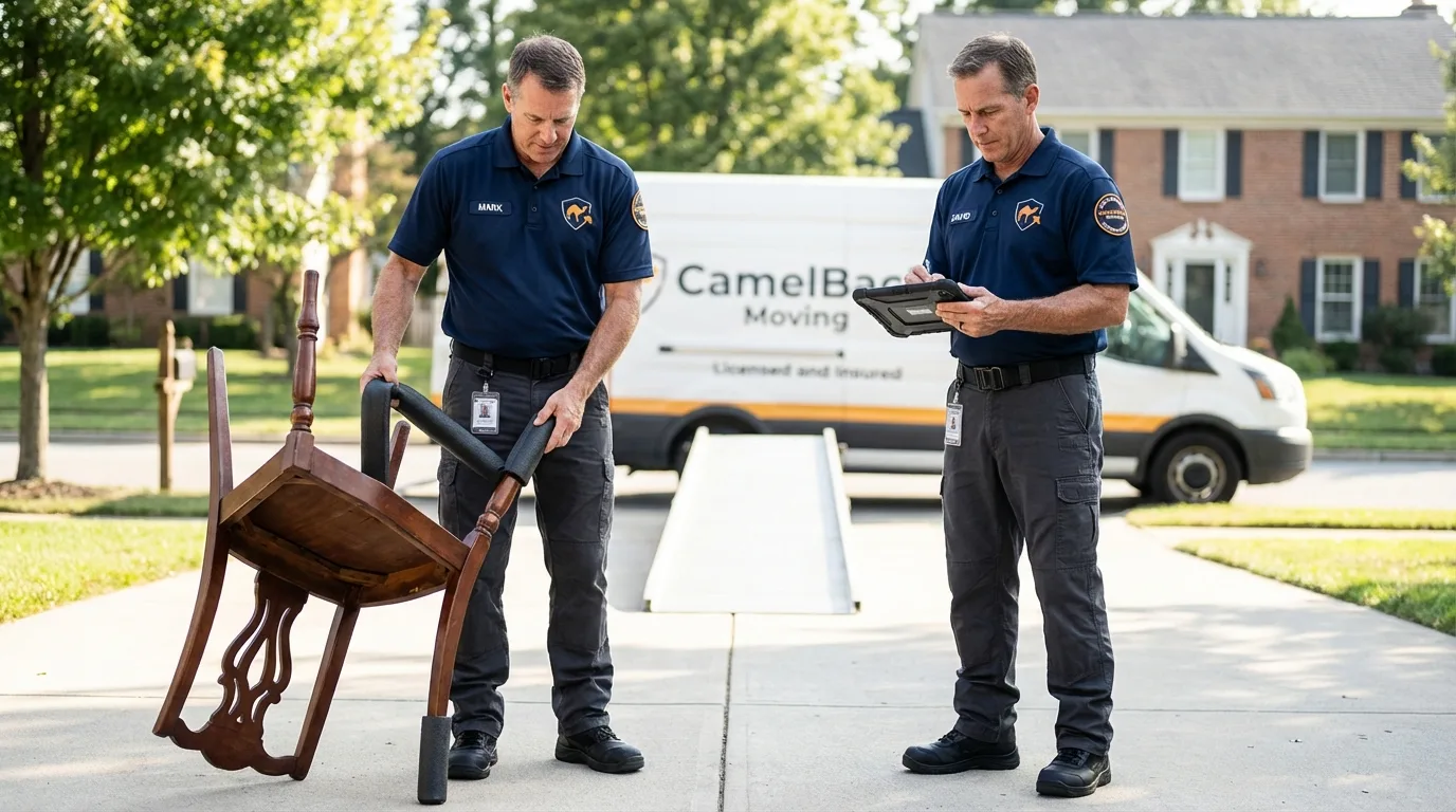 Movers inspecting furniture for damage prevention before loading in Fremont, OH