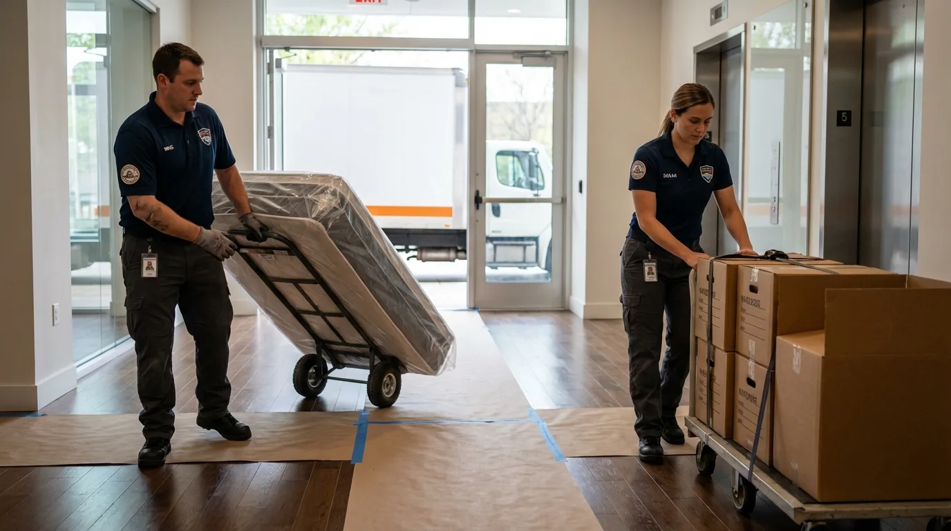 Professional apartment movers loading elevator in Fremont, OH